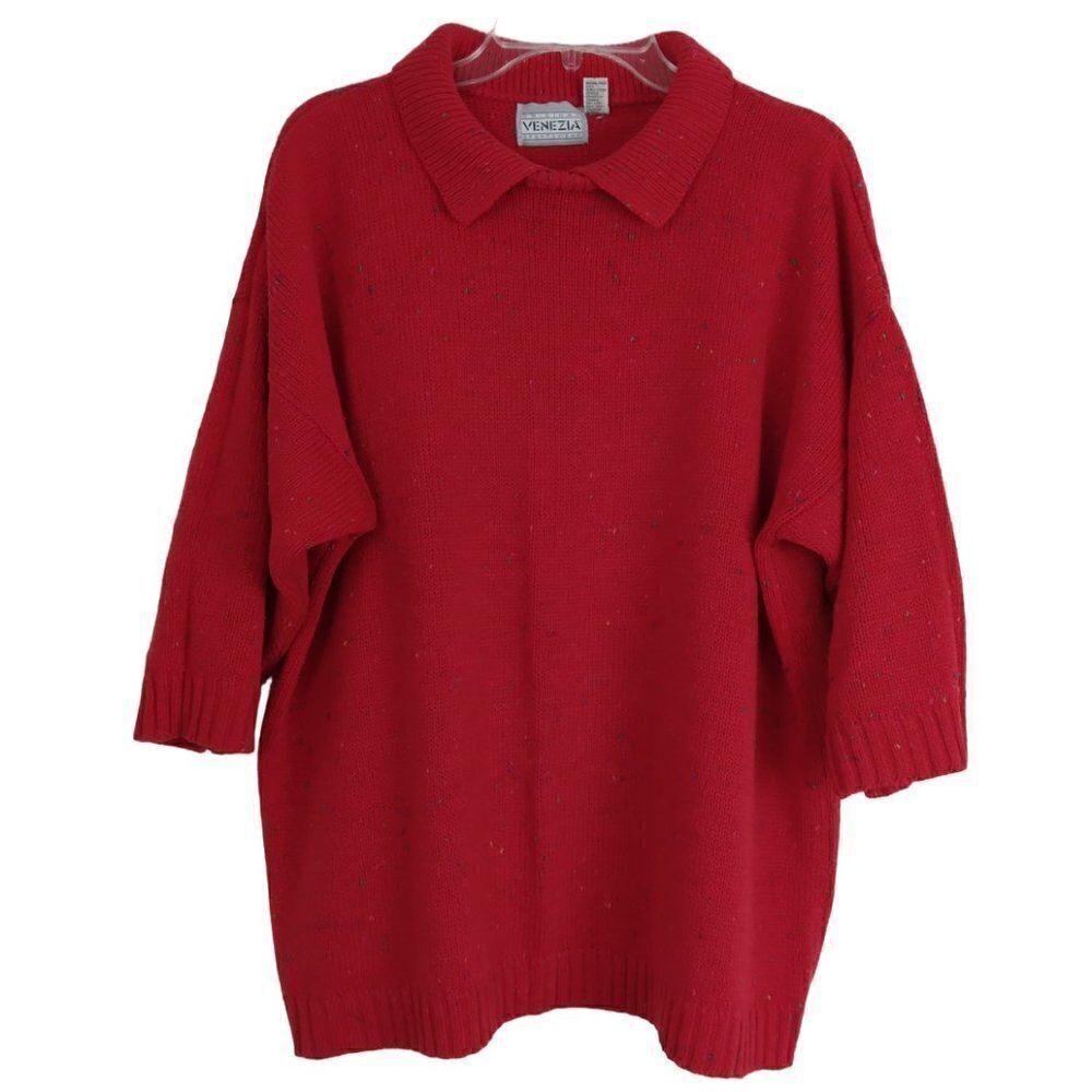 Venezia | Vintage 90s Oversized Wool Sweater Knit Collared Red | Size Os